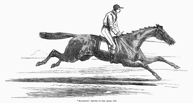 Eine Schwarz-Weiß-Zeichnung eines Jockeys in Hut und langem Mantel auf einem galoppierenden Pferd, mit 'Sieger des Derby 1886' darunter.
