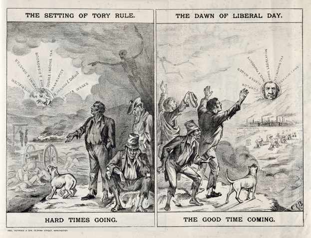 Schwarze und weiße Illustration einer historischen Szene namens "Der Beginn der Tory-Herrschaft und der Anbruch des liberalen Tages", die mehrere Personen, Tiere und Gegenstände zeigt.