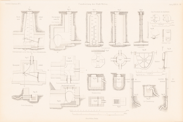 Ausführliches technisches Zeichnung von verschiedenen Rohren und Ventilen aus einer Buchseite, begleitet von erläuterndem Text.