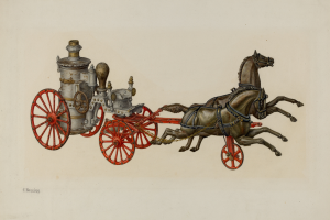 Zwei Pferde vor eine Feuerwache gespannt, mit den Rädern des Fahrzeugs im Vordergrund und der Wache im Hintergrund.