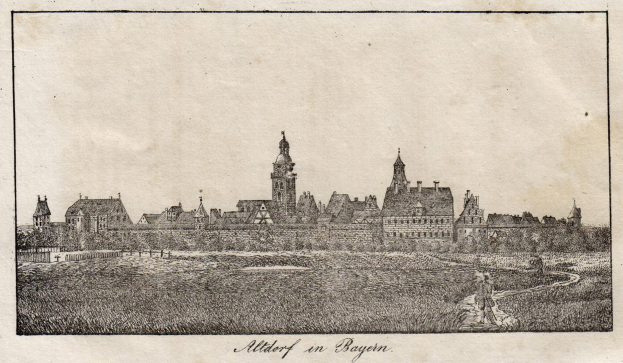 Eine Zeichnung einer Stadt mit einem zentralen Uhrenturm, umgeben von Gebäuden, Bäumen und Gras, mit dem Text «Alterhof in Bayern» unten.