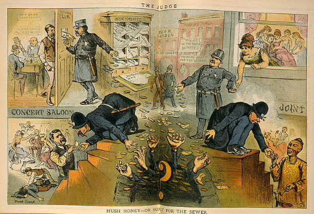 Eine Karikatur-Szene im Gerichtssaal mit einem Richter in der Mitte, der einen Stock und ein Buch hält und von Menschen umgeben ist, die stehen und sitzen, mit Papieren auf dem Boden, die 'Schweigegeld oder Geld für die Kanalisation' lesen.