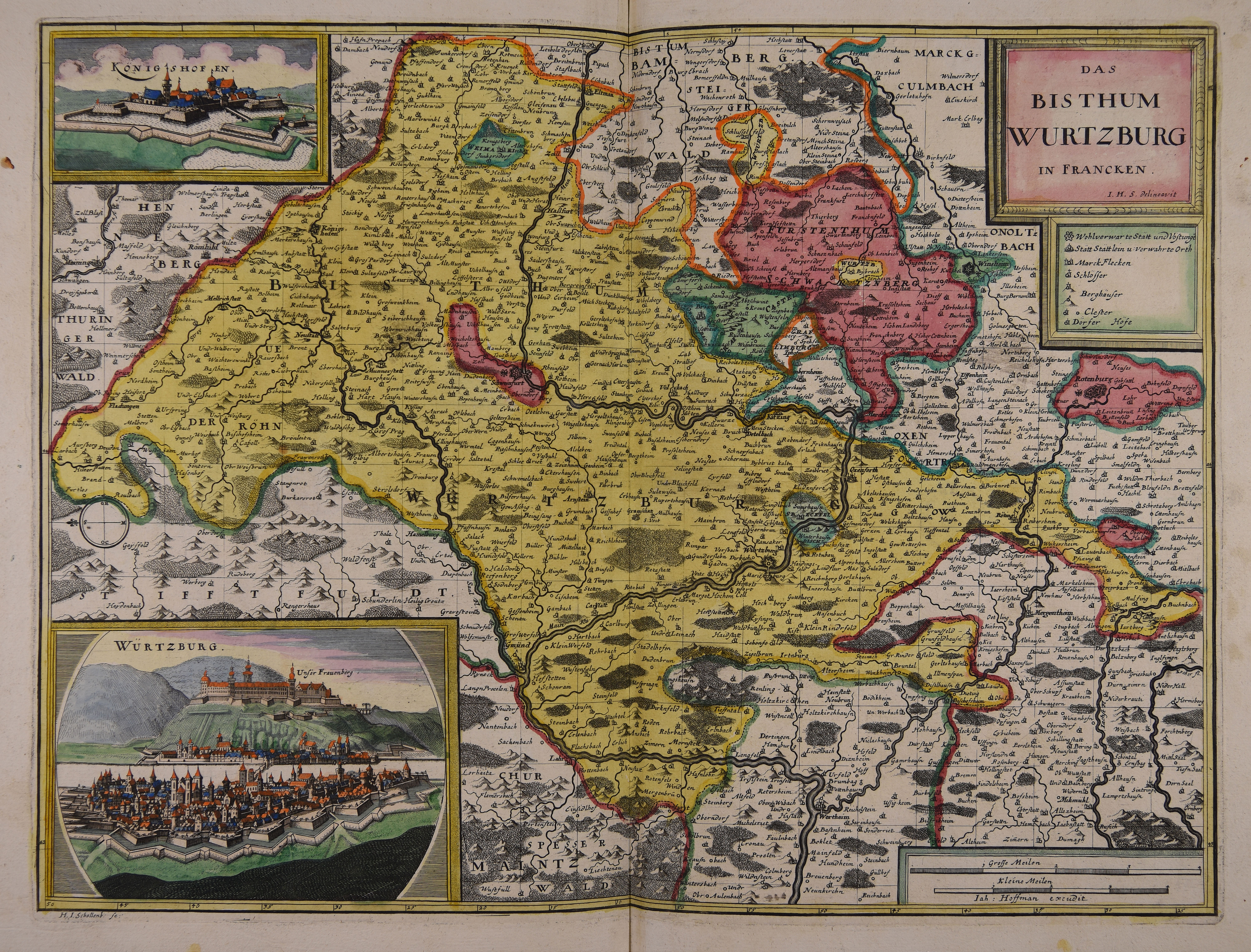 Ein altes Buch mit einer detaillierten Karte von Deutschland in der Mitte, die Provinzen, Städte und ihre Grenzen zeigt, mit begleitendem Text, der zusätzliche Informationen bietet.
