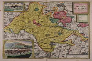 Ein altes Buch mit einer detaillierten Karte von Deutschland in der Mitte, die Provinzen, Städte und ihre Grenzen zeigt, mit begleitendem Text, der zusätzliche Informationen bietet.