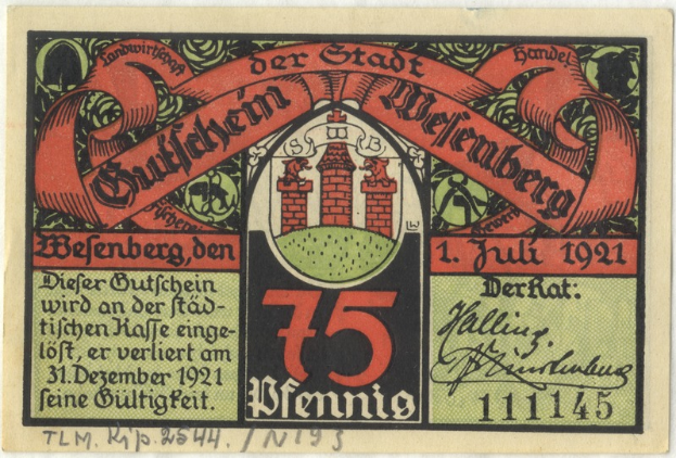Eine alte deutsche Banknote mit einer Gebäudeabbildung, dem Text "Bundesliga" und einem Logo unten auf einem weißen Hintergrund.