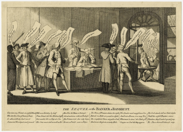 Eine Gruppe von Menschen steht um einen Tisch mit Papieren in den Händen, mit zusätzlichen Papieren und Gegenständen auf dem Tisch, einer Wand und einer Tür im Hintergrund und Text, der unten 'Die Fortsetzung der Banker's Bankruptcy' lautet.