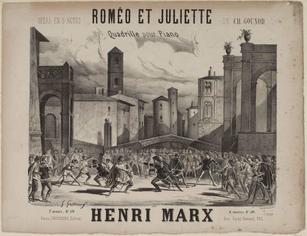 Ein Plakat von Henri Marx, das eine Gruppe von Menschen in der foreground mit Gebäuden im Hintergrund zeigt, mit Text oben und unten.