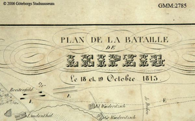 Ein detailliertes altes Kartenbild der Schlacht von Leipzig, das verschiedene Kämpfe zeigt und mit Texten über das Datum, die Uhrzeit und den Ort annotiert ist.