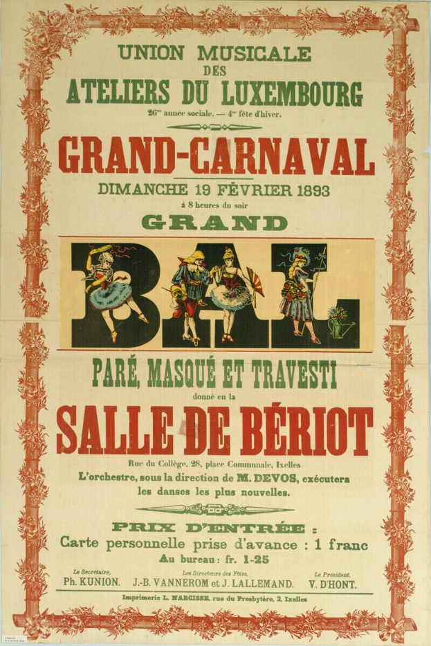 Ein Vintage-Plakat, das einen Pariser Karneval ankündigt und eine Gruppe von Menschen in traditioneller Kleidung vor einem hellgelben Hintergrund zeigt, mit einem Banner mit der Aufschrift 'Großer Karneval' oben.