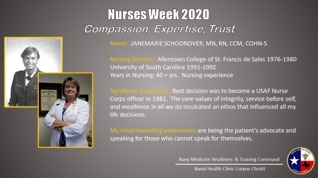 Plakat zur Nurses Week 2020 mit zwei Fotos von Pflegekräften links und dem Text "Mitgefühl, Expertise, Vertrauen" rechts sowie einem Logo unten rechts.