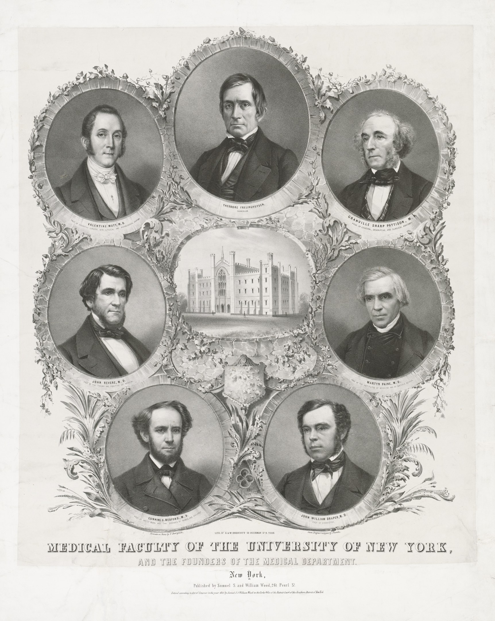 Schwarzes und weißes Foto von formell gekleideten Männern, die vor einem Gebäude posieren, mit Text am unteren Rand, der "Medizinische Fakultät der Universität New York und die Gründer des Medizinischen Departments" lautet.
