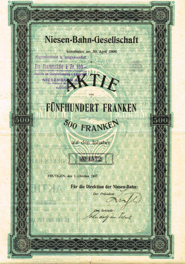 Ein altes deutsches Wertpapier mit grünem Rand, auf dem der Text 'Niesen-Bahn-Gesellschaft' steht und wahrscheinlich von der deutschen Regierung ausgegeben wurde.
