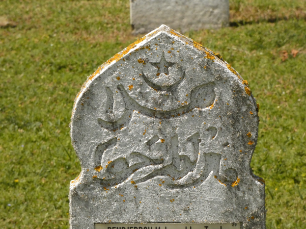 Ein steinerner Grabstein mit arabischer Schrift in einem grünen Friedhof.