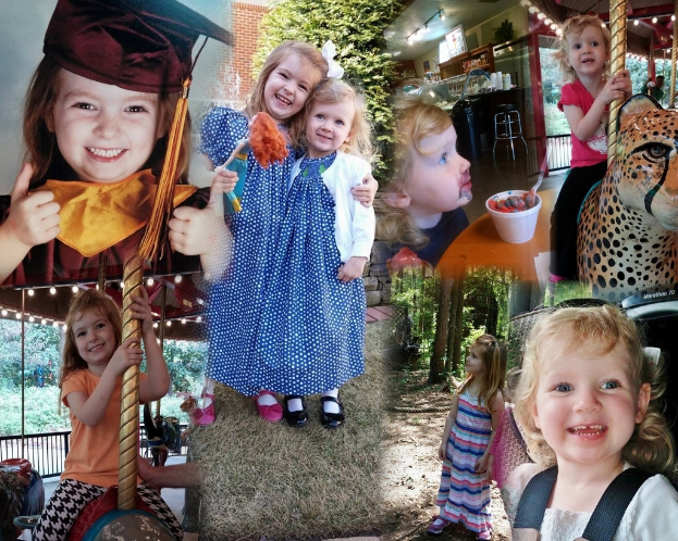 Ein Collage-Bild mit Freizeitpark-Achterbahnen, einem Tisch mit Speisen, Besteck und verschiedenen Gegenständen vor einem Hintergrund aus Grünpflanzen, Lichtern und einer Wand.