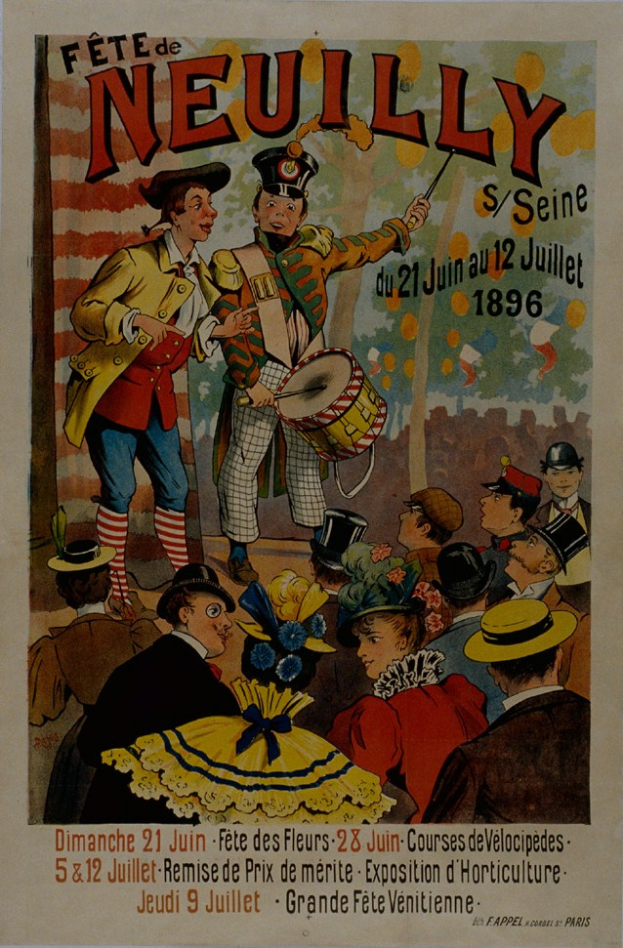 Ein Plakat, das ein Karnevalsfest in Paris, Frankreich, ankündigt, zeigt eine Gruppe von Menschen in bunten Kostümen und Hüten, wobei eine Person ein Musikinstrument hält, und Text, der wahrscheinlich das Karnevalsfest ankündigt.