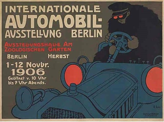 Plakat für eine internationale Automobilschau in Berlin, das einen Cartoon-Fahrer in einem Auto mit Text zeigt.
