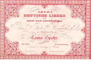 Altes deutsches Aktienzertifikat betitelt 'Louis Spohr - Zweites Deutsches Lieder' mit rotem Rand und weißem Hintergrund.