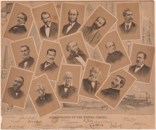 Eine Gruppe von Männern in Anzügen und Krawatten verschiedenen Alters mit dem Text "Millionäre der Vereinigten Staaten" in fetter schwarzer Schrift am unteren Bildrand, vor einem hellblauen Hintergrund.