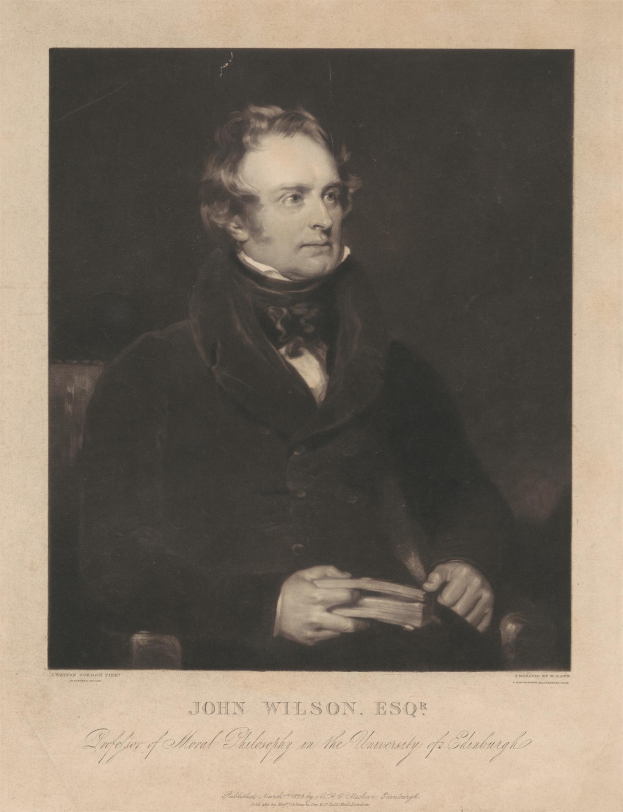 Porträt von John Wilson Esqr., dem Gründer der moralischen Philosophie an der Universität Edinburgh, sitzend in einem Stuhl mit einem Buch in der Hand und Text unten.
