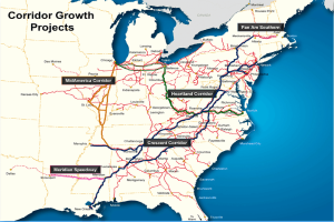 Ein Plakat mit einer detaillierten Karte der Vereinigten Staaten, die Straßen und Highways hervorhebt, mit der Überschrift "Corridor Growth Projects" in fetter schwarzer Schrift auf einem hellblauen Hintergrund.