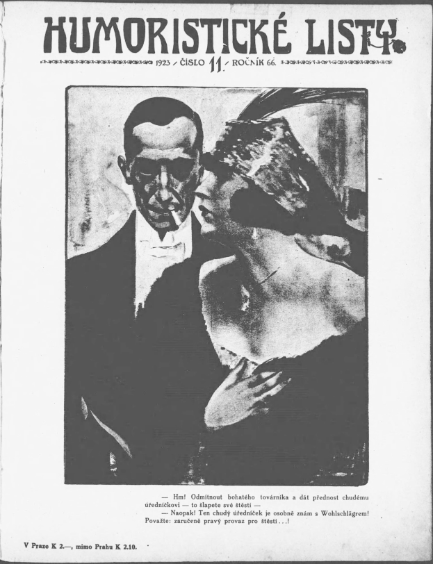 Schwarzes und weißes Magazin-Cover mit der überschrift 'Humoristische Liste', das einen Mann in Anzug mit ernstem Gesichtsausdruck und eine Frau mit einem Schmunzeln zeigt, die wegsieht.