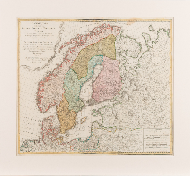 Ein gerahmter Lageplan von Skandinavien, der Schweden, Dänemark und Norwegen hervorhebt, mit klar markierten schwedischen und norwegischen Provinzen.