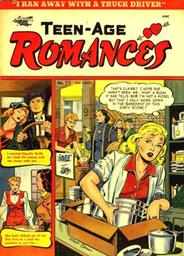 Ein farbenfroher DC-Comics-Plakat titled "Teen-Age Romances 23-A" zeigt eine Gruppe von Menschen in einer fröhlichen, romantischen Umarmung mit fetter Schrift und leuchtenden Farben.