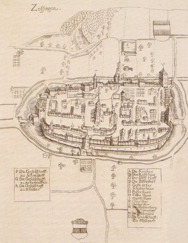Ein detailliertes altes Stadtplan von Zoffingen, Deutschland, der die Stadtlayout mit Straßen, Gebäuden, Bäumen und begleitendem Text zeigt, der Informationen über die Stadt bereitstellt.