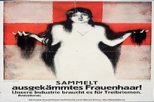 Ein deutscher Propagandaplakat, das eine Frau mit langen Haaren zeigt, mit Text, der Informationen über sie enthält.