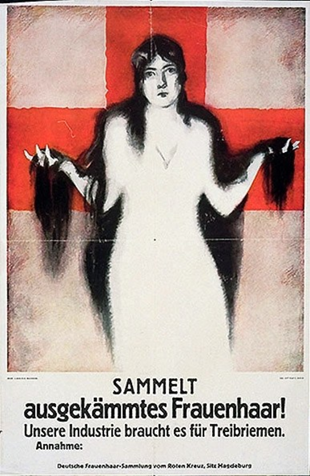 Ein deutscher Propagandaplakat, das eine Frau mit langen Haaren zeigt, mit Text, der Informationen über sie enthält.