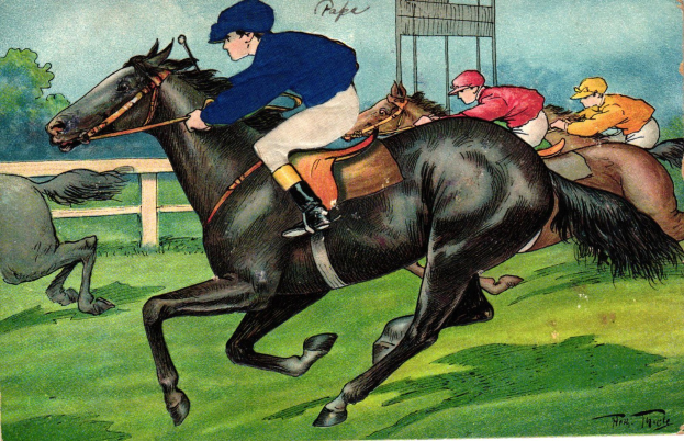 Eine Gruppe von Menschen, die auf Pferden über eine grüne Wiese mit Bäumen und einem blauen Himmel reitet, mit Text unten, der "Feiernder Siegerpferde und Jockeys der amerikanischen Wiese" lautet.