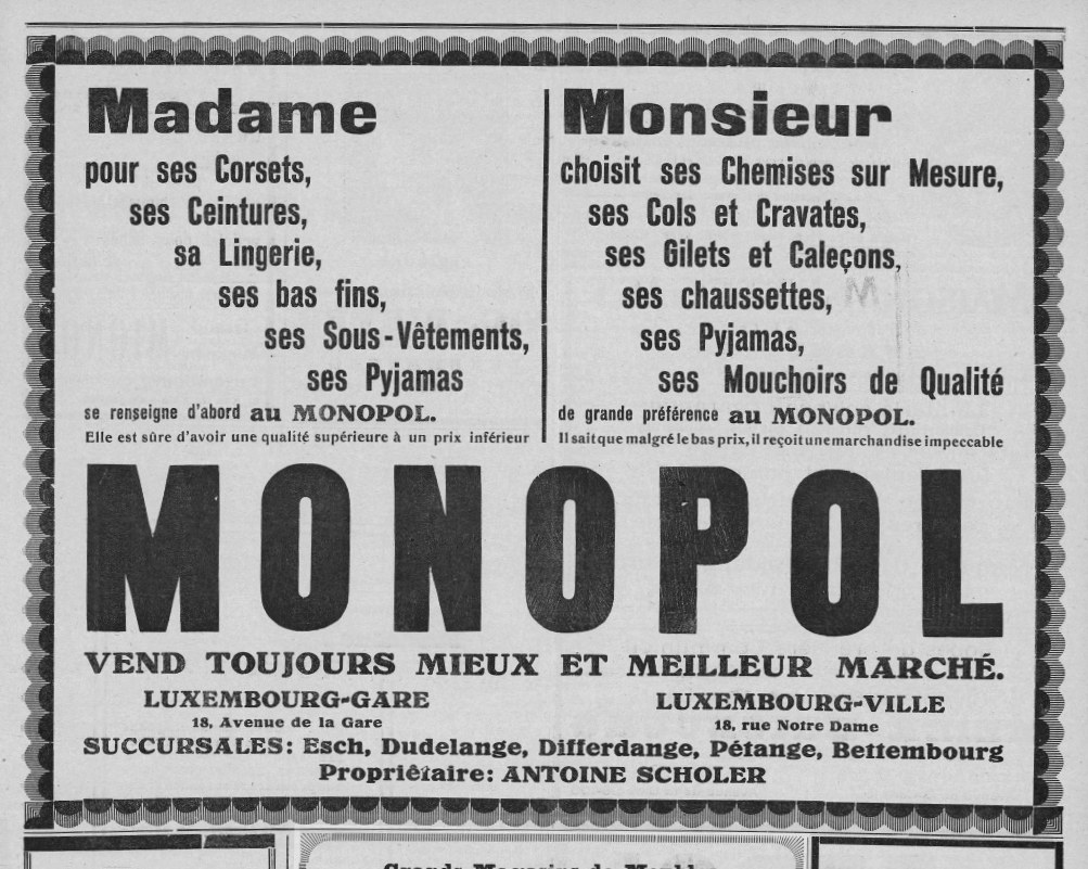 Schwarze und weiße Zeitungsanzeige für das Monopoly-Brettspiel mit Text, der seine Merkmale beschreibt.