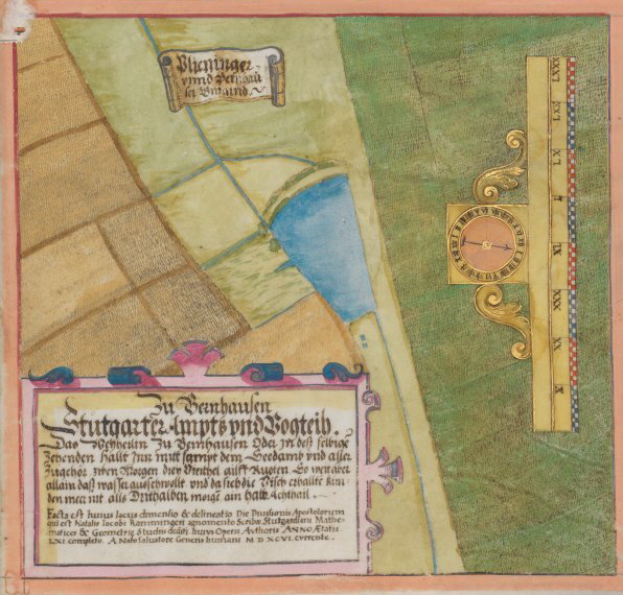 Eine illuminierte Handschrift mit einer detaillierten Karte von Stuttgart, Deutschland, mit Straßen, Gebäuden und Sehenswürdigkeiten, begleitet von beschreibendem Text.