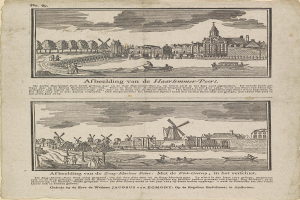 Ein altes Buch mit einer Zeichnung einer Stadtlandschaft mit Gebäuden, Bäumen, Menschen, Booten und Windmühlen, begleitet von beschreibendem Text.