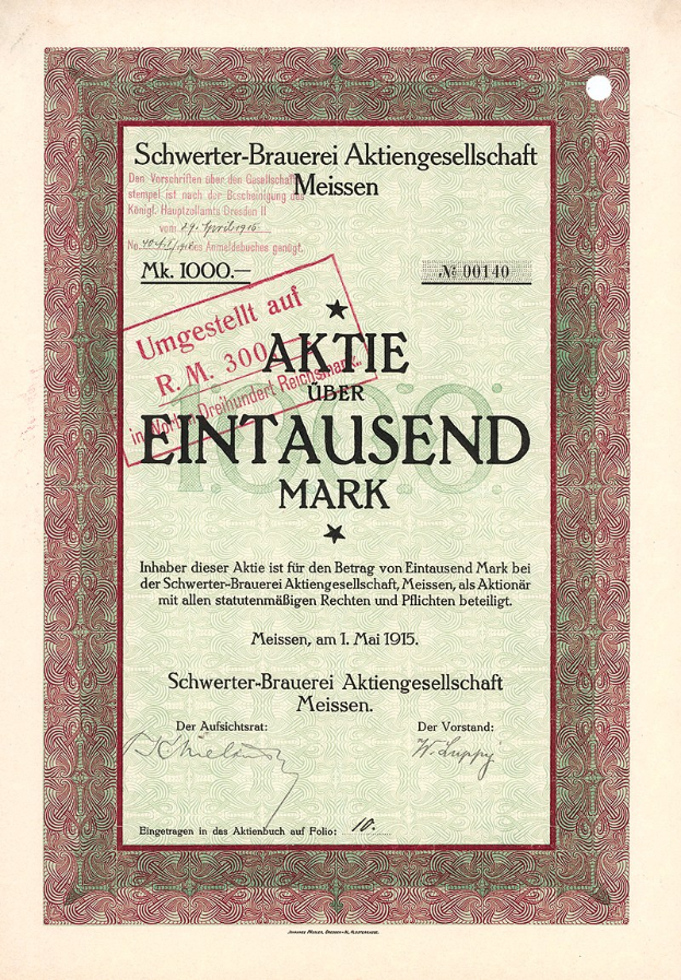 Altes deutsches Aktienzertifikat mit rotem Rand, fetter Schrift und einem dekorativen Rahmen.