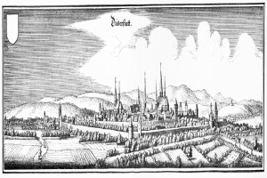 Eine detaillierte Schwarz-Weiß-Zeichnung der Stadt Düberstadt, Deutschland, mit Gebäuden, Bäumen, Pflanzen, Hügeln und Wolken am Himmel, vor einem bergigen Hintergrund, mit Text oben.