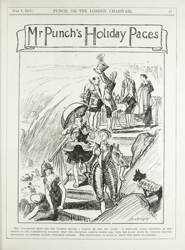 Ein Artikel namens "Mr Punch's Holiday Pages, July 7, 1915" mit einer Zeichnung von Menschen in Festkleidung auf einem hellgelben Hintergrund mit fetter schwarzer Schrift.