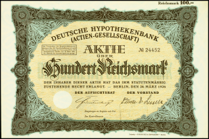 Eine alte deutsche Banknote mit schwarzem Rand, die ein Männerporträt und den Text 'Deutsche Hypothekenbank Aktien-Gesellschaft' zeigt.