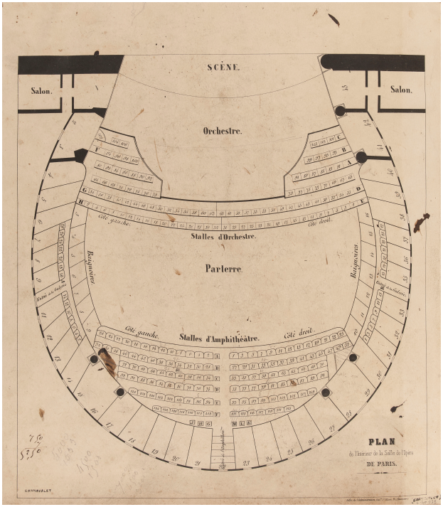 Ein alter Plan des Théâtre Royal in Paris, Frankreich, zeigt einen detaillierten Aufbau des Zuschauerraums mit Sitzanordnung, Bühne und Orchester, sowie einen Text, der den Aufbau und die Abmessungen beschreibt.